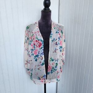 Express Women’s Sheer White Pink Multi Floral Cardigan Flowy Short Sleeve S